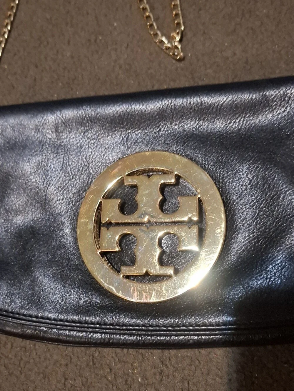 Tory Burch Black Leather Clutch with Gold Logo